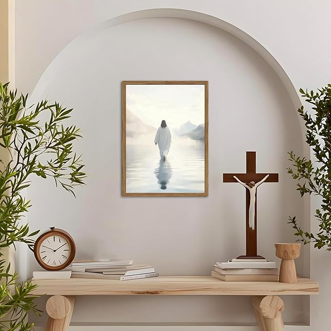Jesus Walking on Water Wall Art White Jesus Wall Decor Christian Faith Painting 3D Textured Hand Drawn Sandstone Artwork for Living Prayer Room Bedroom 16x24 inch Wood Framed
