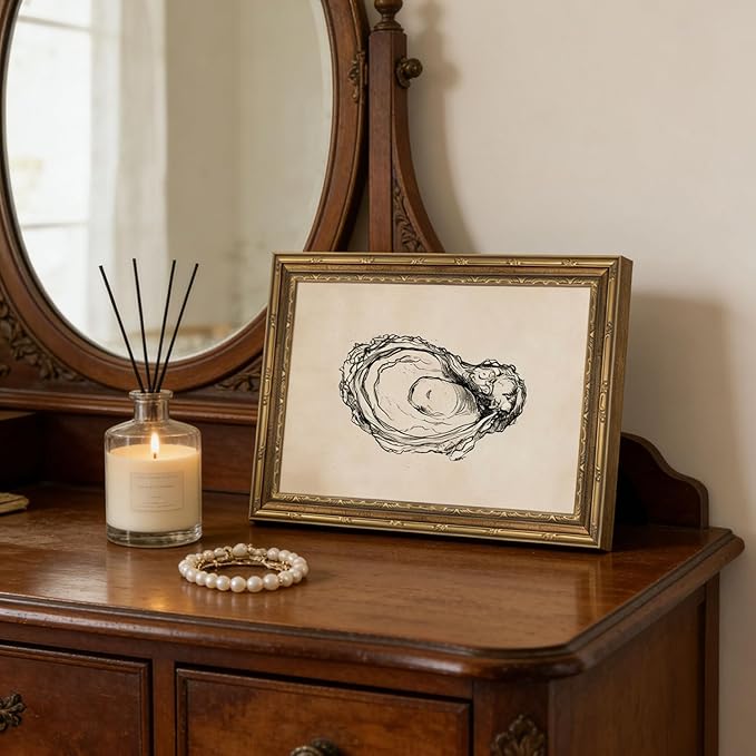 Gold Framed Wall Art Vintage Oyster Shell Sketch Wall Art Rustic Kitchen Cottagecore Seashell Wall Decor Picture Summer Beach House Still Life Poster Print for Living Room Dining Room 9x11in