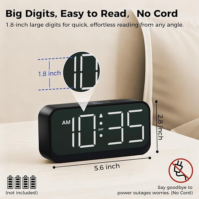 Acedeck Battery Operated Digital Clock: Cordless Small Alarm Clock for Bedroom Travel - Large Numbers 4 Dimmers for All Ages White Digits
