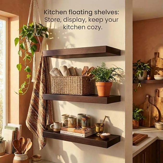 SAUMONIERES Floating Shelves Wall Shelf Solid Wood for Bathroom Bedroom Kitchen Set of 3, Espresso Wall Shelves