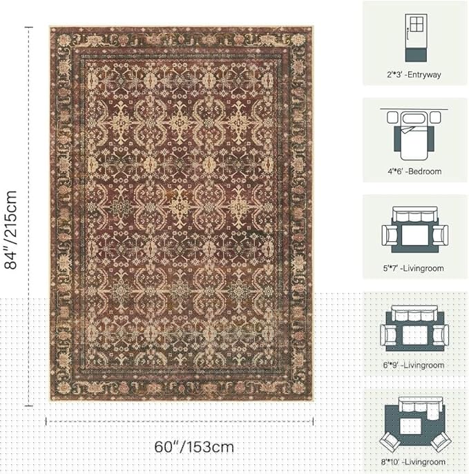 Rugxara Oriental 5x7 Area Rugs for Living Room Bedroom, Vintage Washable Christmas Rug, Red Boho Area Rug, Non Slip & Low Pile Faux Wool Carpet for Indoor Dining Room and Kids Room(Red 5x7ft)