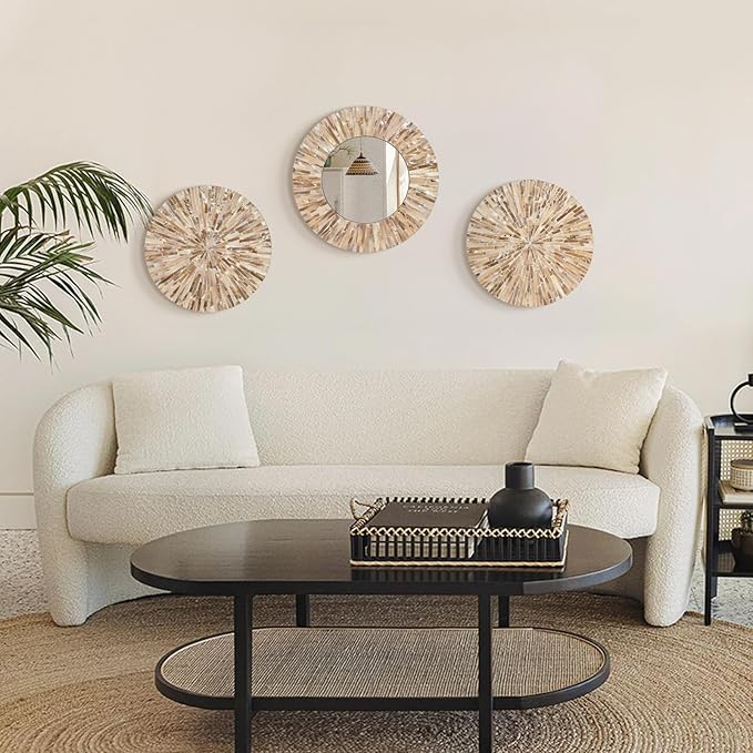 Boho Decorative Mirror for Living Room, 3PCS Handcrafted Mother of Pearl Mirror Wall Decor for Home Dorm Apartment Hallway Staircase, Mosaic Art Plates for Wedding Decoration (Dark Brown)
