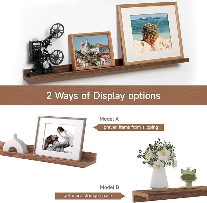 Fun Memories Picture Ledge Shelf, 32 Inch Floating Shelves Set of 2, Large Nursery Book Shelves for Toys Storage, Kids Bookshelf Wall Mounted for Wall Decor Books Photo Frames, Walnut