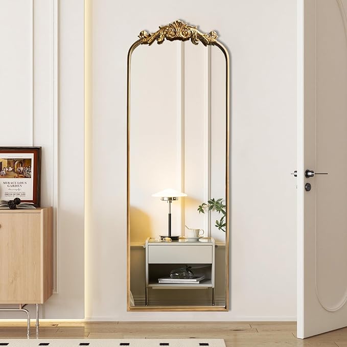 HQiJun Full Length Wall Mirror Decorative Full Body Mirrors Traditional Antique Arched Farmhouse for Living Room Bedroom Entryway Bathroom Vanity (58X13 Inches, Gold)
