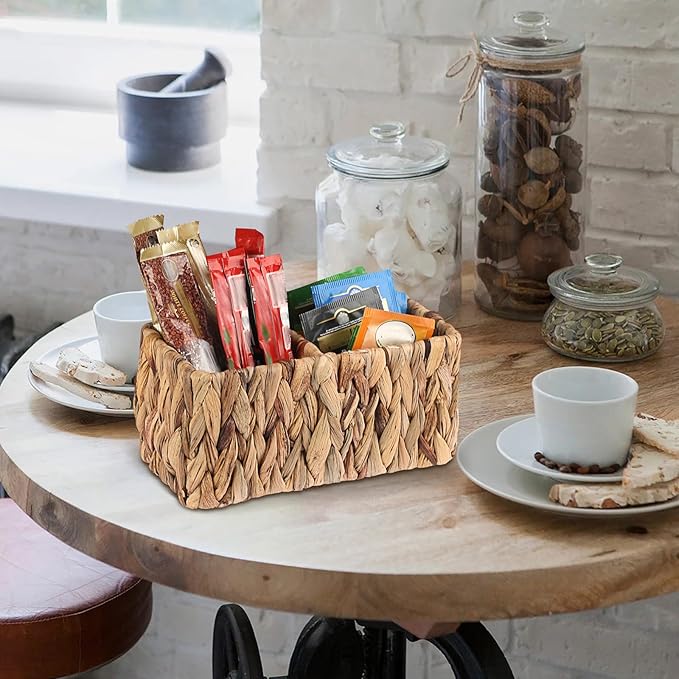BTSKY Handwoven Remote Control Holder for Table, Natural Water Hyacinth Remote Organizer Caddy Small Wicker Storage Basket, 2-Compartment Office Supplies Desk Organizer Rustic Makeup Brushes Holder