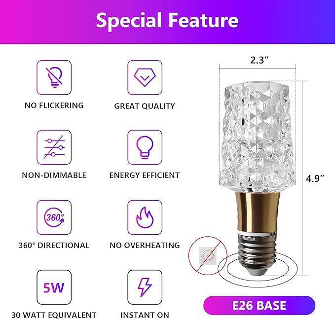6pcs Acrylic Decorative E26 LED Light Bulbs 5w Equivalent 30 watt, Unique Fancy Light Bulb Soft White 6500k,Non-dimmable Lightbulbs for Living Room Dining Room,150 Lumens (B014-White-6500k, 6pcs)