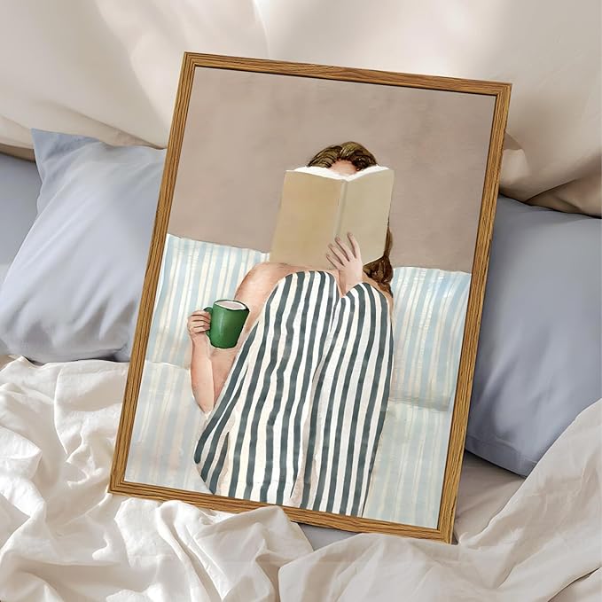 Framed Trendy Preppy Canvas Wall Art, Woman Reading Book with Coffee Pictures Wall Decor Paintings, Blue and White Striped Prints Girly Home Decor for Living Room Bedroom Dorm 16x24 inch