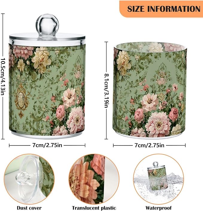 2 Pack Apothecary Jars Sweet Floral Green Background Bathroom Vanity Storage Organizer Set,Small Clear Plastic Storage Jars Bathroom Canister for Cotton Swabs, Rounds, Balls, Qtips,Makeup Spong