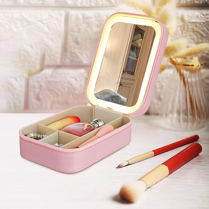 Adjustable Brightness Travel Makeup Case with LED Lighted Mirror Compact Small Organizer Bag with Divided Storage for Makeup and Jewelry Portable Rechargeable Vanity Box for Women