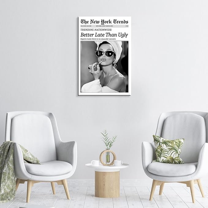 Trendy Newspaper Canvas Wall Art Black And White Better Late Than Ugly Poster Funky Feminist Painting Vintage New York Trends Aesthetic Wall Decor For Girl Dorm Room Bathroom 24x36in Framed