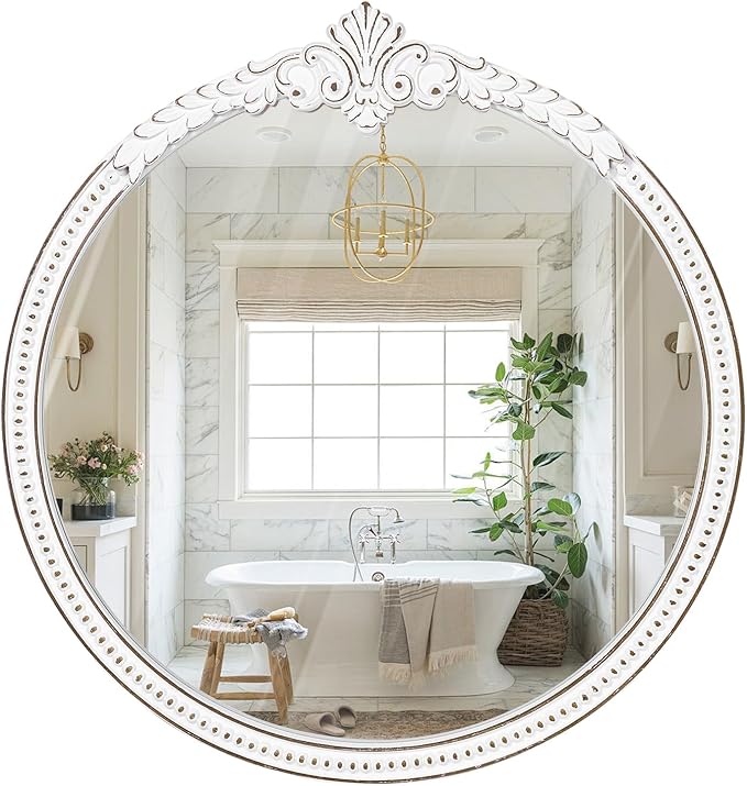 Farmhouse Round Wood Mirror - 30x30 Inches Antique White Baroque Wall Mirror, Ornate Beaded Decorative Mirror for Mantel, Living Room