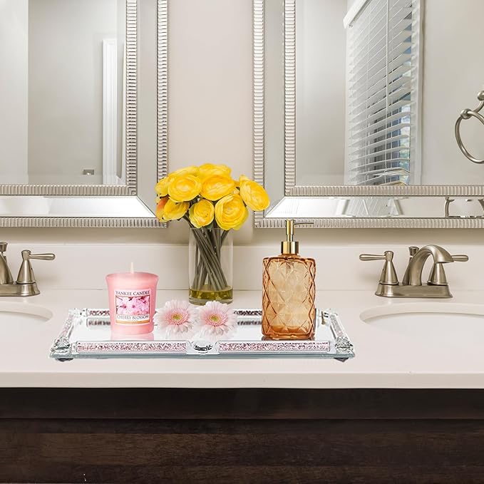 Large Glass Tray, Crystal Mirror Modern Jewelry Trinket Trays with Crushed Diamond, 15.7" x 11.8" Rectangular Makeup Perfume Tray for Bathroom Bedroom, Home Decor, Hotel Banquet, Party (Rose A)