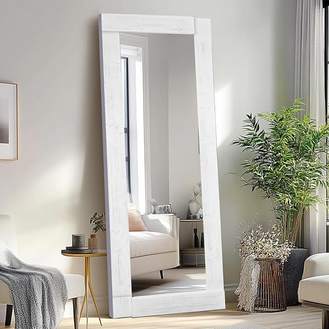 Full Length Mirror 65"x24" – Solid Wood Frame, HD Tempered Glass, Wall Mounted & Leaning, Rustic Modern Decor for Bedroom, Living Room, Entryway, White