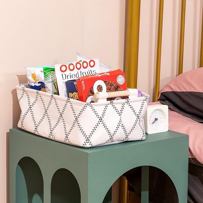 Decorative Collapsible Rectangular Fabric Storage Bin Organizer Basket with Wooden Handles for Clothes Storage,15.4x10.6x5.1 inch,White