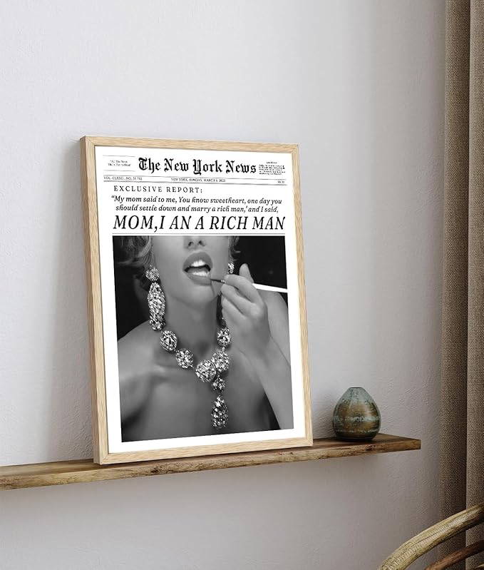 Bwodke OAK Wood Framed Wall Art Mom I Am a Rich Man Canvas Art Vintage Newspaper Pictures Wall Decor Trendy Prints Retro Artwork for Girly Dorm Bedroom 12"x16"