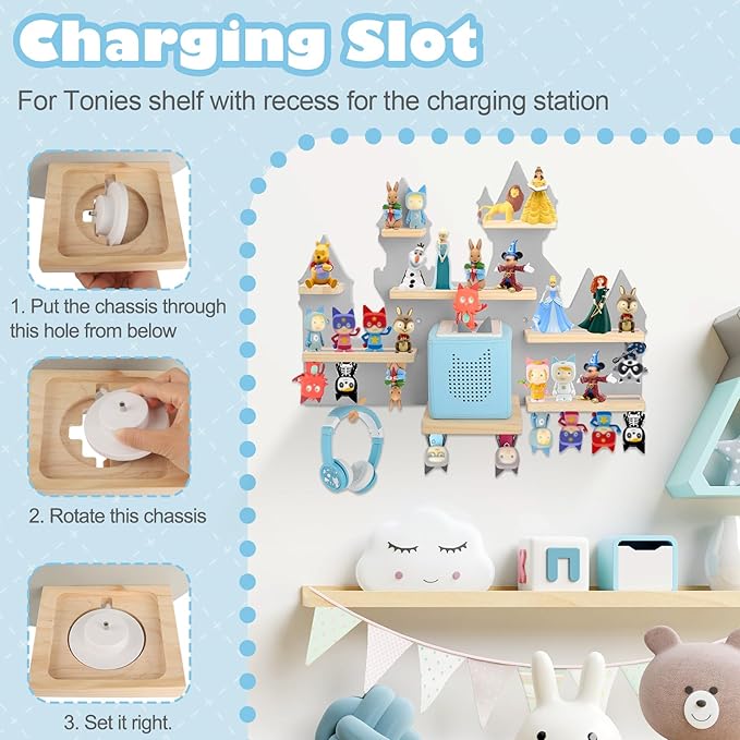 for Toniebox 2 and Toniebox 1 Tonie Shelf Wall Mounted Set,Tonies Figures Tonies Storage,Magnetic Wooden Floating Shelves Compatible with Tonie box Player Character for Children Room (grey-castles)