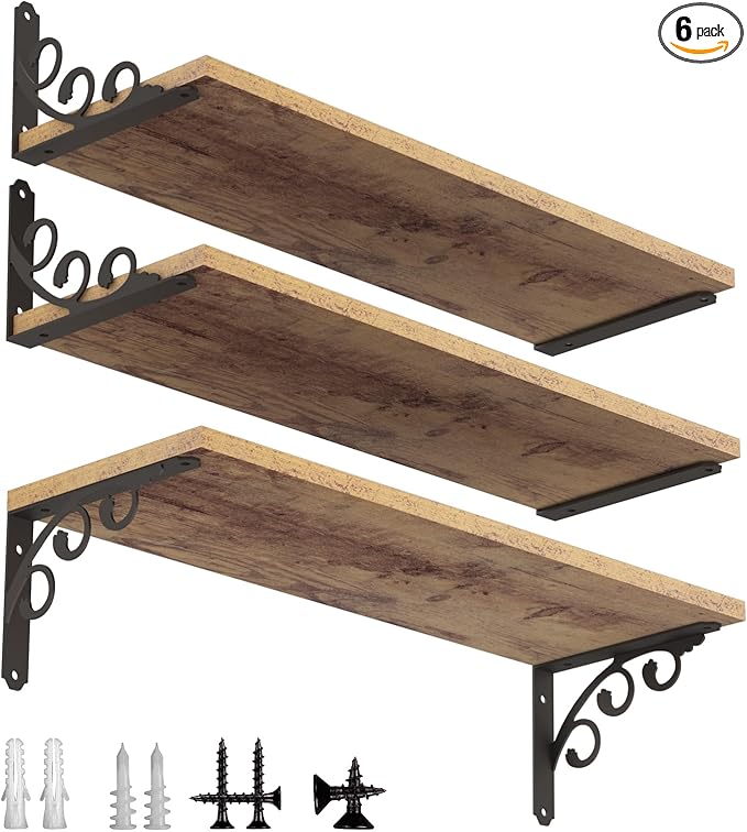 L Shelf Brackets for 10" - 12" Board, Floating Shelf Bracket Heavy Duty Metal Shelving Brackets for Shelves, Decorative Iron Rustic Wall Brackets for DIY Floating Shelf, 6 Pack Black