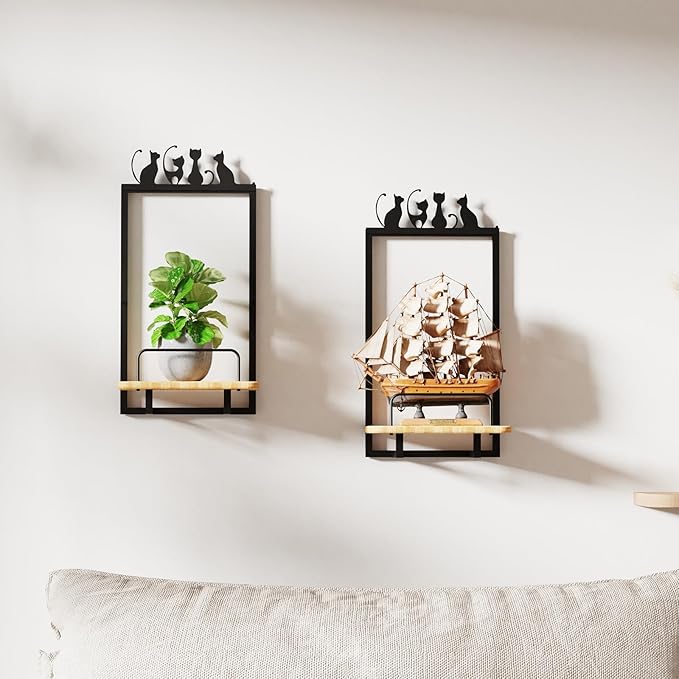 Shineled Wall Planter for Indoor Plants 2 Pack, Wall Mounted Plant Holder for Small Plants, Floating Wall Shelf for Plants, Real Oak Wood, Magnetic Animal Decor, Home Wall Decor (Cat)