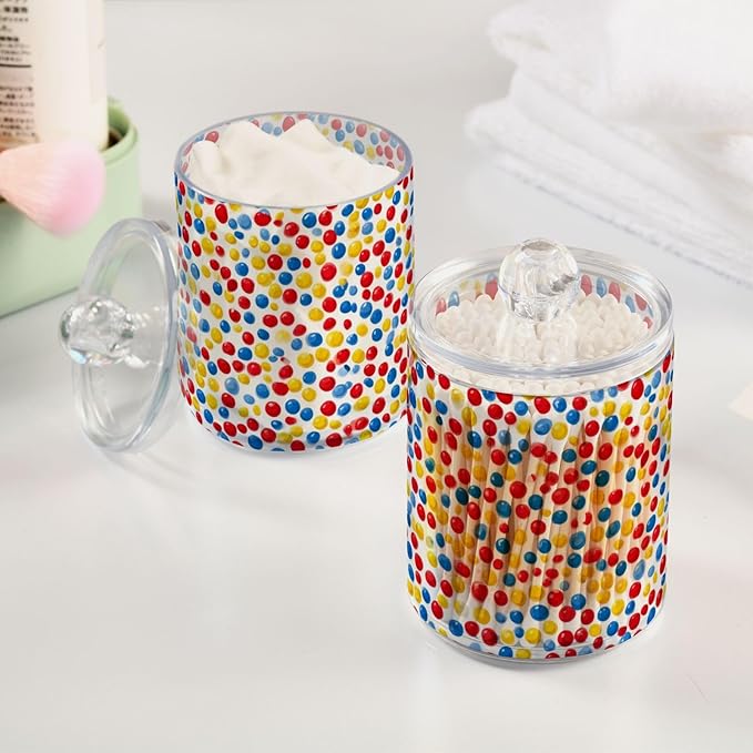 2 Pack Apothecary Jars Charming Red Blue Yellow Art Bathroom Vanity Storage Organizer Set,Small Clear Plastic Storage Jars Bathroom Canister for Cotton Swabs, Rounds, Balls, Qtips,Makeup Sponge