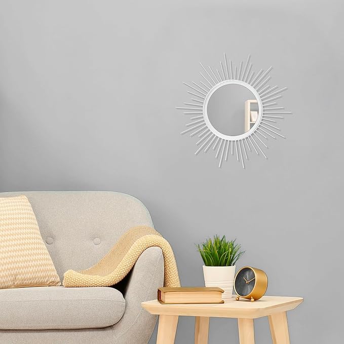 Wall Decor Spoked Sunburst Accent Wall Mirror Round Home Modern Metal Art Mirror for Bathroom Living Room Hallway Bedroom Balcony Farmhouse Entrance White 12"