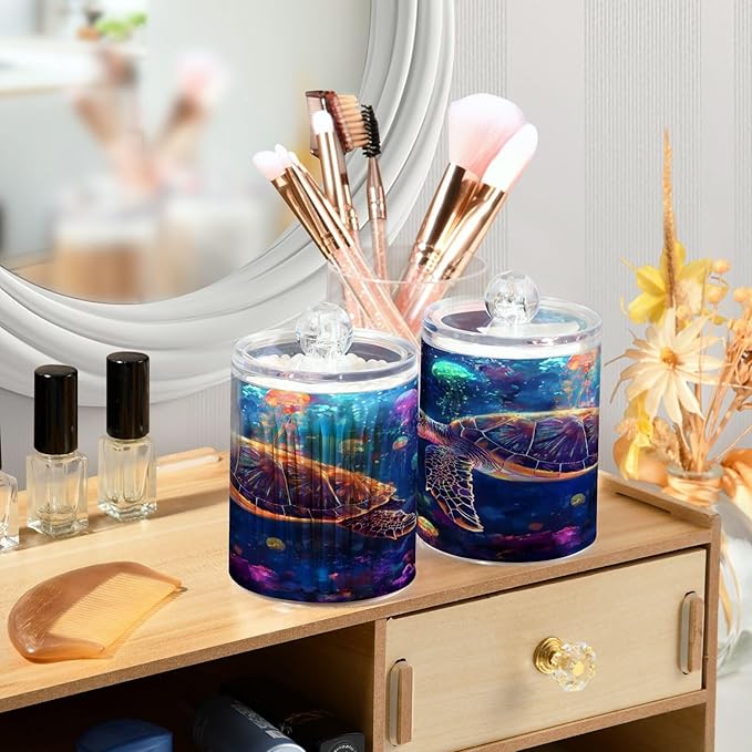 Colourful Jellyfish Ocean Turtle Qtip Holder Dispenser Clear Plastic Apothecary Jar with Lid Bathroom Organizer Vanity Makeup Storage Containers for Cotton Ball, Cotton Swab, Floss, 2 Pack