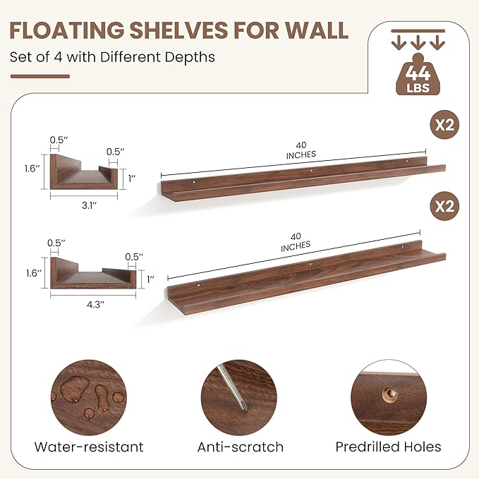 Fun Memories Picture Ledge Shelf, Floating Shelves Set of 4, 40 Inch Picture Shelves for Wall with Ledge, Large Nursery Book Shelf for Toys Storage, Living Room, Bedroom Decor Frames, Walnut