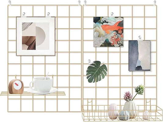 Grid Wire Board,for Memo Picture Panel Wall Decoration for Room Office Mat Photo Hanging Art Display Frames Desk Storage Organizer,17.3" x 11.8"(2Pack) (Gold)