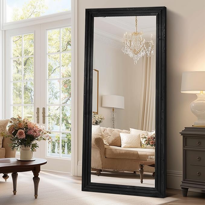 Full Length Wood Mirror 71x30 - Rustic Solid Wood Floor Mirror with Triple Layer Frame, HD Tempered Glass, Wall Mounted or Leaning Standing Mirror Vintage Black Mirror for Bedroom Bathroom Living Room