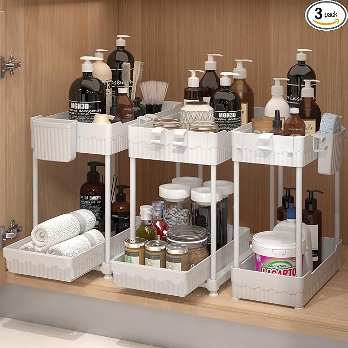 Sevenblue 3 Pack Under Sink Organizers, 2-Tier Multi-Use Kitchen and Bathroom Organizers and Storage with Sliding Drawers, Bathroom Cabinet Organizer (White, 12.8 Inch)