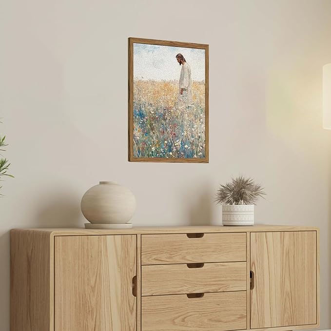 Jesus Leaves the 99 Sheep Wall Art, 3D Textured Hand Drawn Sandstone Christian Inspirational Wall Decor Paintings, Religious Wildflowers Pictures for Living Prayer Room Bedroom 12x16 inch Framed