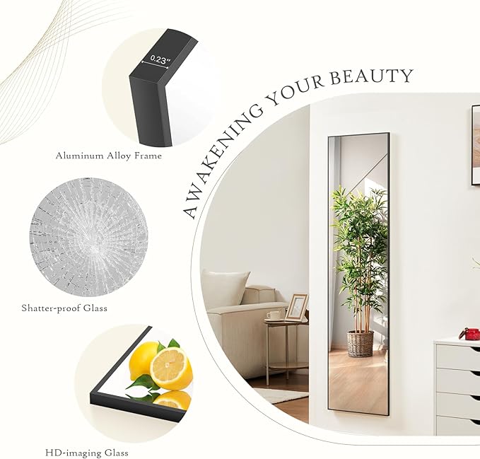 Mirror Full Length, Upgraded Body Wall Mirrors with Shatter-Proof Glass, Floor Standing, Hanging or Leaning, Tall Mirror with Stand Aluminum Alloy Frame for Bedroom