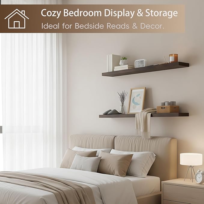 Lufia Floating Wall Shelves, Set of 2, MDF with Invisible Brackets, Modern Storage for Bedroom, Bathroom, Living Room, Kitchen (Rustic Brown, 32" W x 7" D x 1.5" H)