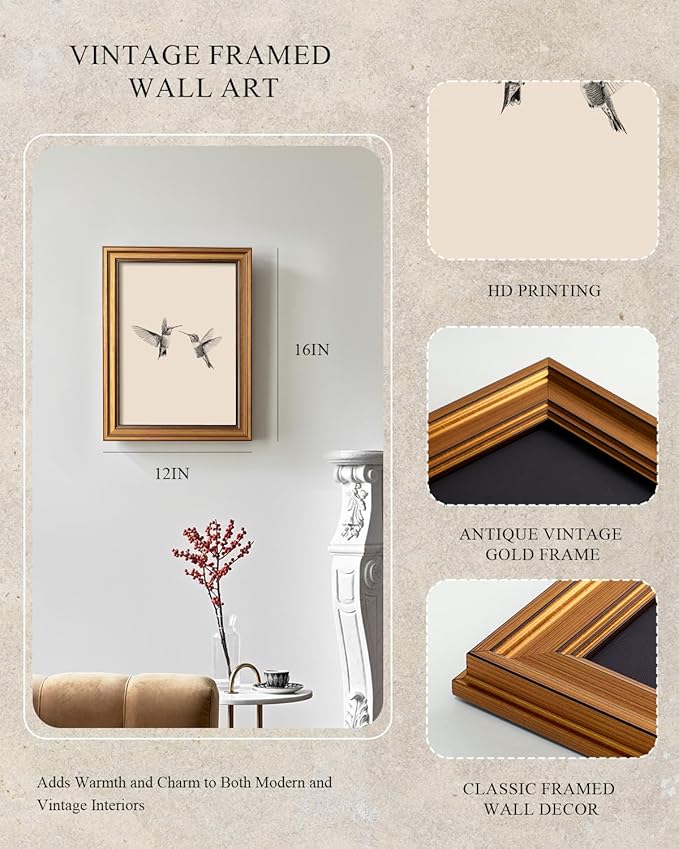 InSimSea Gold Framed Canvas Prints Wall Art, Vintage Birds Decor, Two Hummingbirds Sketch Paintings Farmhouse Wall Decor Aesthetic, Minimalist Pictures for Bedroom Living Room Shelf, 12x16inch