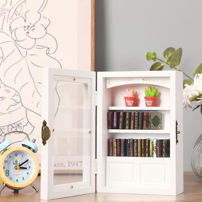 Anxiety Bookshelf with 24 Real Mini Books, Unique Mini Book Shelf, Miniature Library Gifts for Book Lovers, Anxiety Bookshelf for Home Room Office Decor (White)
