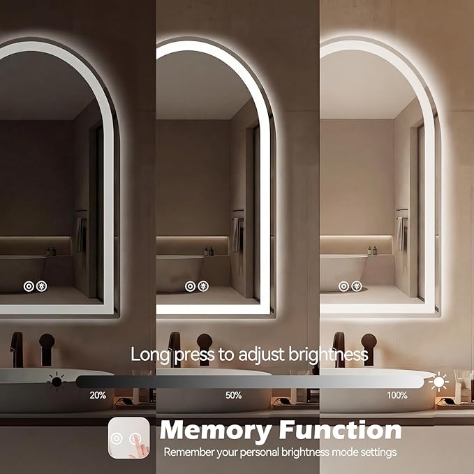 Sweetcrispy 24“×32” LED Bathroom Backlit Mirror with Lights, Arched Vanity Mirror with Anti-Fog, Dimmable, 3-Color Light, Memory Function, Tempered Glass