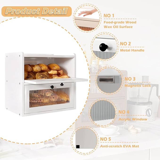 Alpeir Double Layer Large Bread Box for Kitchen Counter, Wooden Corner Bread Storage Container with Acrylic Window, White