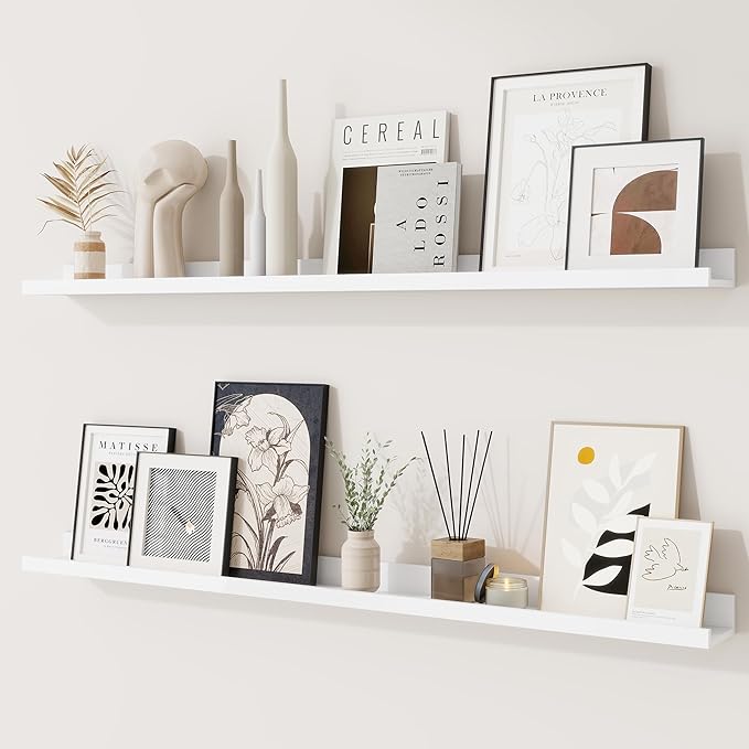 RICHFOCUS Picture Ledge Shelf, 40 inch Floating Shelves Set of 2, Wood Wall Shelves with Lip, Wall Decor Storage for Bedroom Living Room Bathroom Kitchen Nursery Photo Picture, White