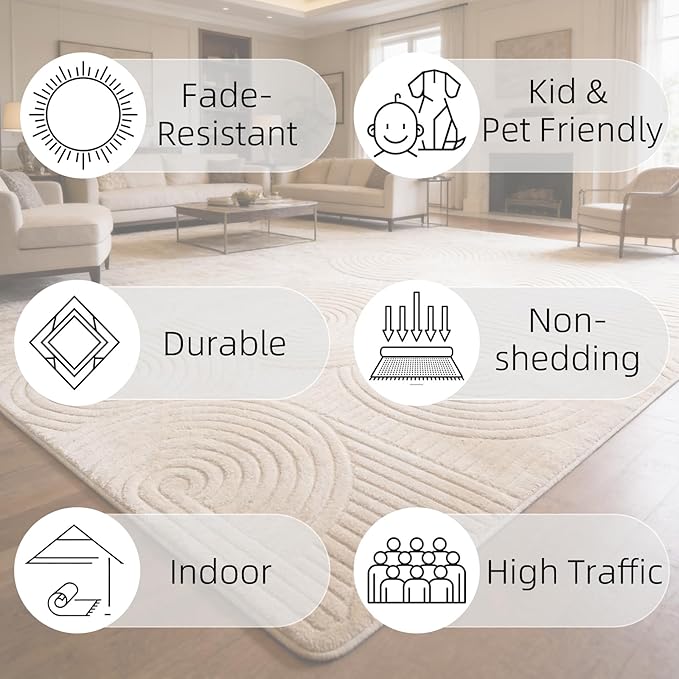 Brown 5x7 Solid Color Area Rugs – Washable Living Room Rug, Modern Geometric Non-Slip Indoor Carpet with Soft High-Low Pile, Fluffy Floor Rugs for Bedroom, Kids Room, Nursery, Home Décor