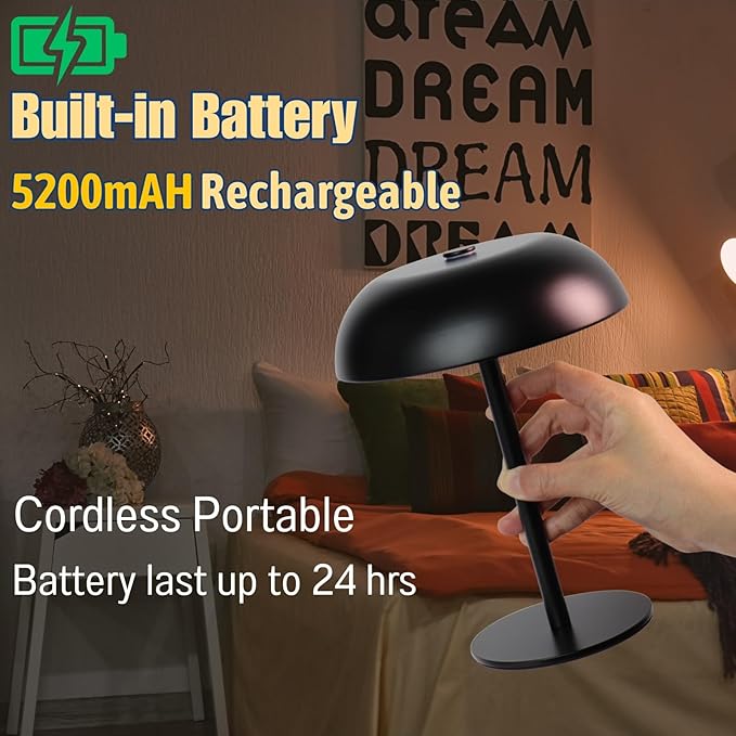 Portable LED Mushroom Table Lamp, 8.46'' Metal Small Cordless Desk Night Light with 5200mAh Rechargeable Battery, Stepless Dimming Lamp with 3 Colors for Bedroom/Bar/Coffee Shop (Black)
