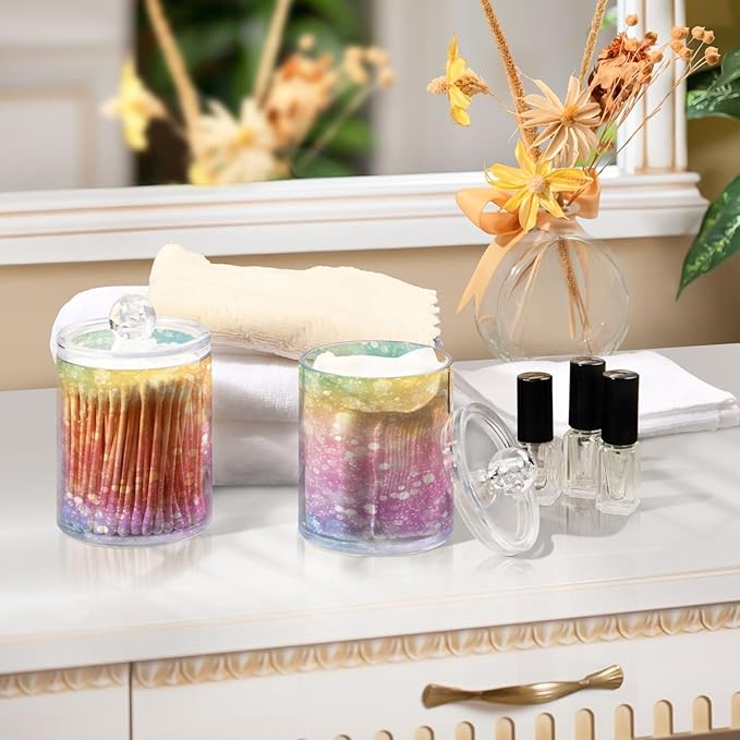 Nander 2Pack Sparkling Rainbow Background Qtip Holder Dispenser -Clear Plastic Apothecary Jars Set - Restroom Bathroom Makeup Organizers Containers for Cotton Swab, Ball, Pads, Floss