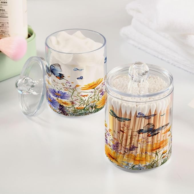 Nander 4Pack Beautiful Spring Wildflowers and Butterflies Qtip Holder Dispenser -Clear Plastic Apothecary Jars Set - Restroom Bathroom Makeup Organizers Containers for Cotton Swab, Ball, Pads, Floss
