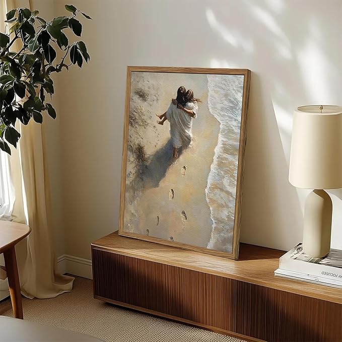 Jesus Hugging Woman Wall Art Jesus on the Beach Wall Decor 3D Textured Hand Drawn Sandstone Christian Decor Painting Footprints on the Beach Artwork for Bedroom Living Room 16x24 inch Wood Framed