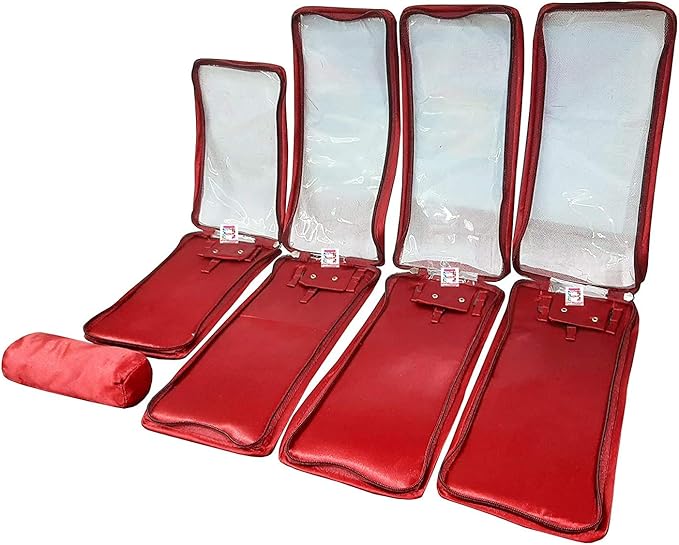 atorakushon Satin Maroon Make-Up Pouch Jewellery Box 4 Pouch 1 roll Bangle in Cosmetic Bag Necklace Earrings Vanity Jewellery Organiser For Women's