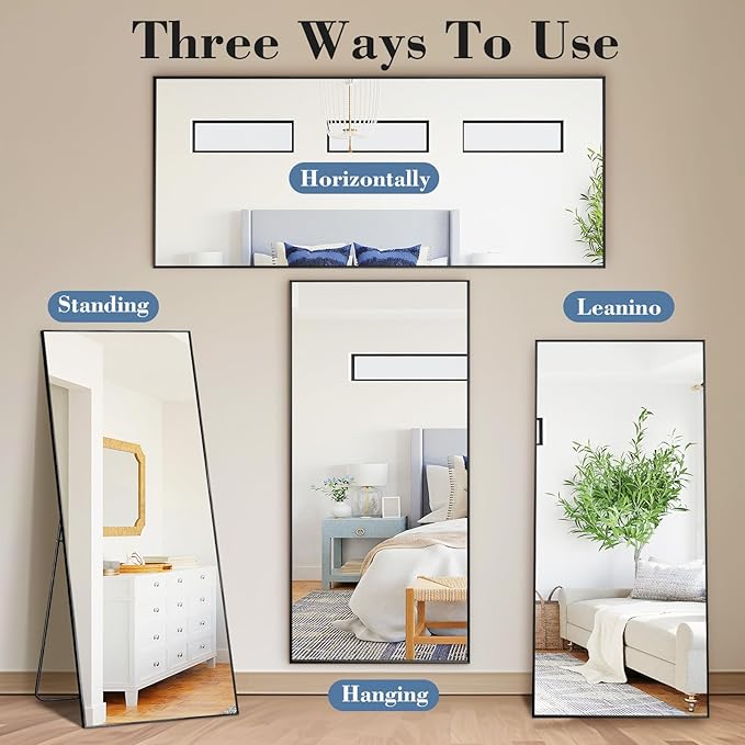 DUMOS 26"x68" Full Length Mirror with Stand, Floor Standing Aluminum Frame, Shatter-Proof Nano Glass for Bedroom, Living Room, Cloakroom – Modern Simple Home Decor,Can Be Hanging or Leaning, Black