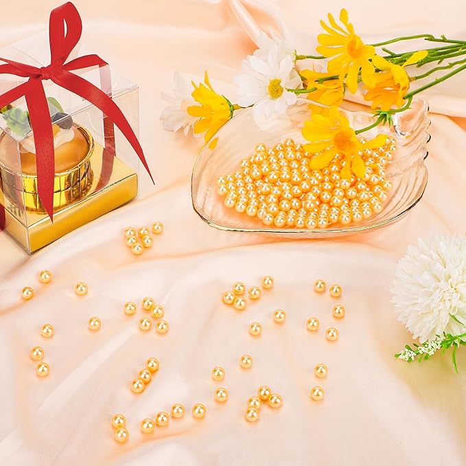 SUREAM 1300Pcs Pearls for Makeup Brush Holder, 8mm/0.31Inch Round Beads for Cosmetic Pencil Storage, Vase Filler for Wedding Centerpiece, Birthday Party, Table Scatter, Home Decoration(Gold, No Hole)