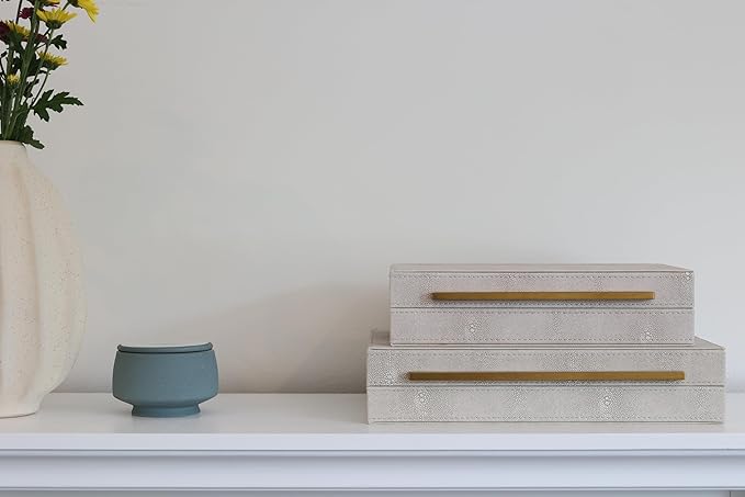 Kingflux Ivory Shagreen Leather Set of 2pcs Decorative Boxes, Storage Boxes Jewelry Organizer, Woment&Men's Accessory Organizer ，Memory Keepsake Box with Brushed Gold handle(Ivory)