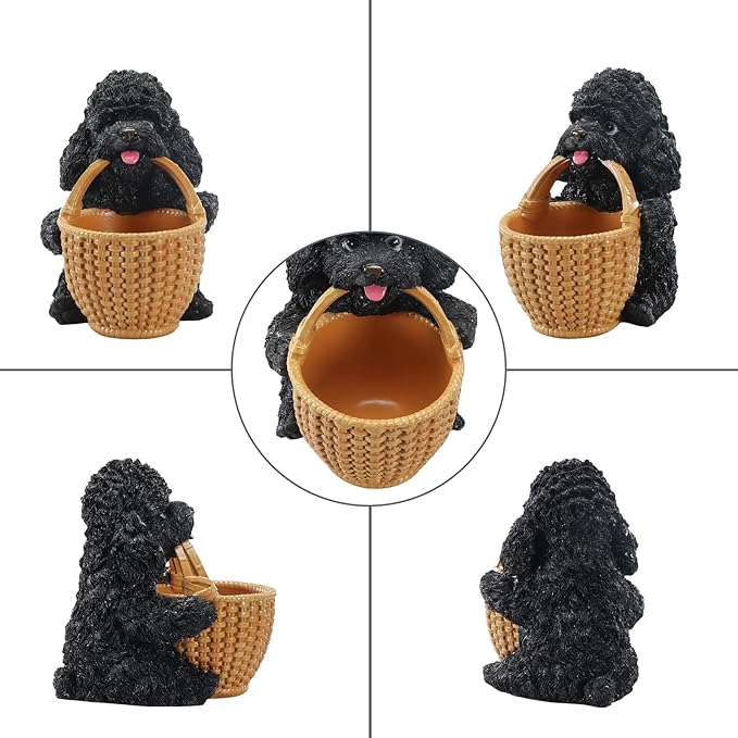 Dog Resin Storage Basket, Desktop Organizer for Remote & Keys, Cute Home Decor Tray, Ideal present for Pet Lovers.(Black Poodle Biting Basket)