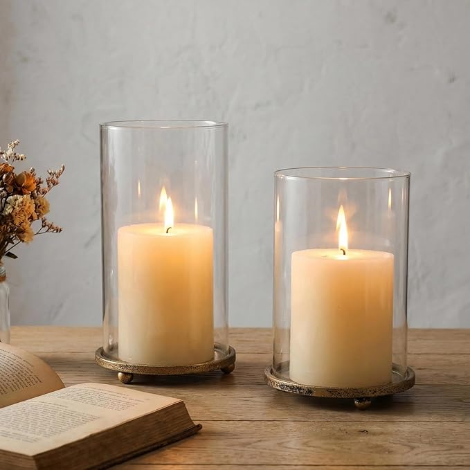 Hurricane Candle Holders Set of 2 - Pillar Candle Stands with Glass Sleeves for Fireplace Mantel & Dining Table Centerpiece Decor (Gold)
