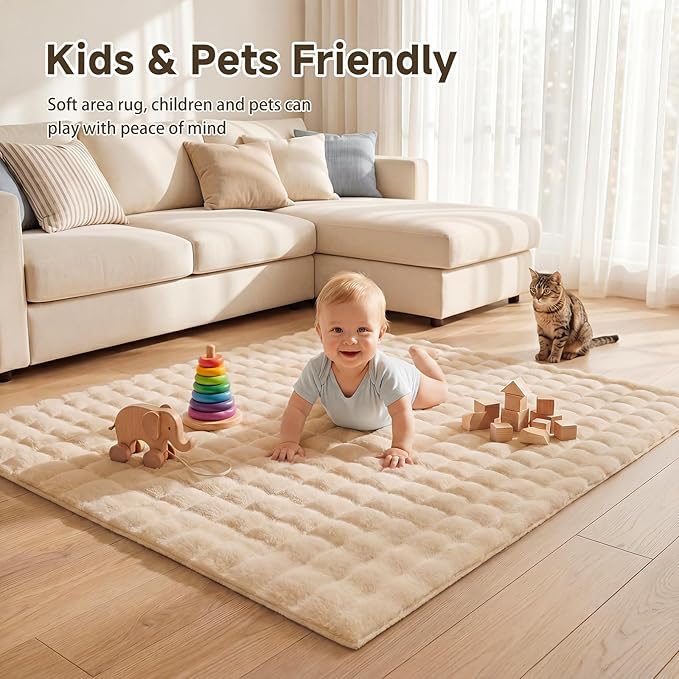 Pauwer Area Rugs for Living Room, 3x5 Fluffy Faux Fur Rug Non Slip Machine Washable Soft Shaggy Indoor Floor Carpet for Bedroom Dorms Playroom, Beige