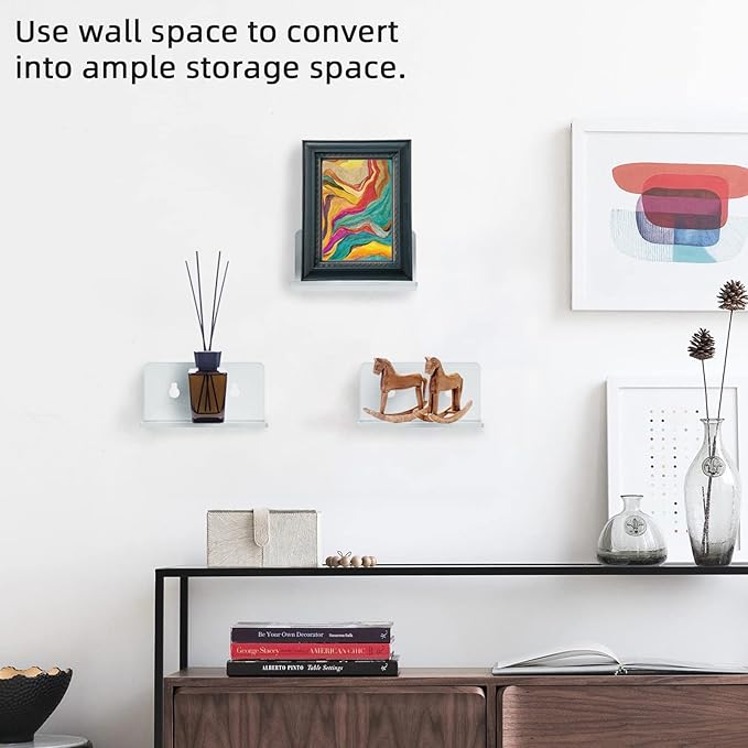 Acrylic Small Adhesive Wall Shelves,Mini Floating Shelves,Acrylic Display Shelves,Ledges for Pop Figures,Plant,Picture Photo Modern Wall for Bedroom Decor Living Room